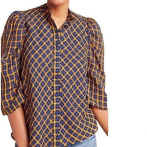 Eva Franco Anthropologie Textured Plaid Puff Sleeve Button Up Top Blouse Sz 10